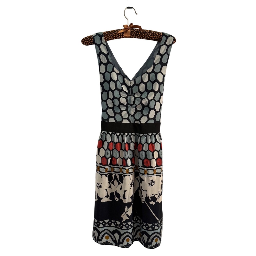 Line & Dot Geometric Floral Ruched Tie Back Dress 100% Silk Lined Blue Black M